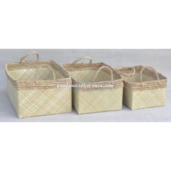 Pandanus rect basket with raffia trim set of 3 handicraft