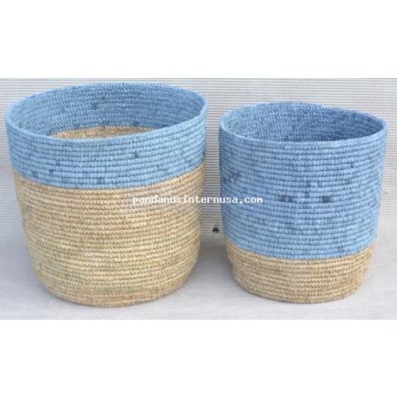 Raffia round basket grey natural set of 2 handicraft