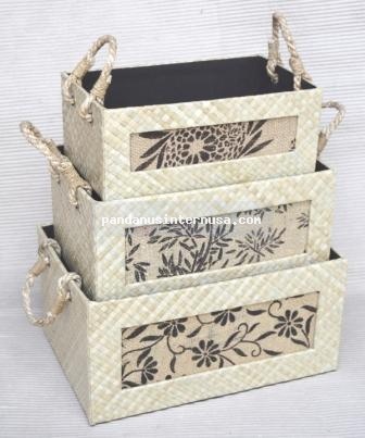 Pandanus rect basket with rope handle set of 3 handicraft