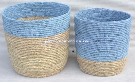 Raffia round basket grey natural set of 2 handicraft