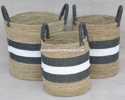 Sea grass striped basket set of 3 black white handicraft