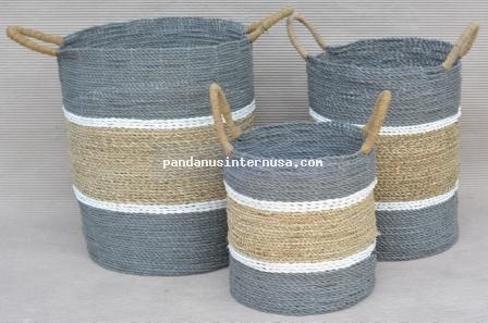 Sea grass striped basket set of 3 grey handicraft