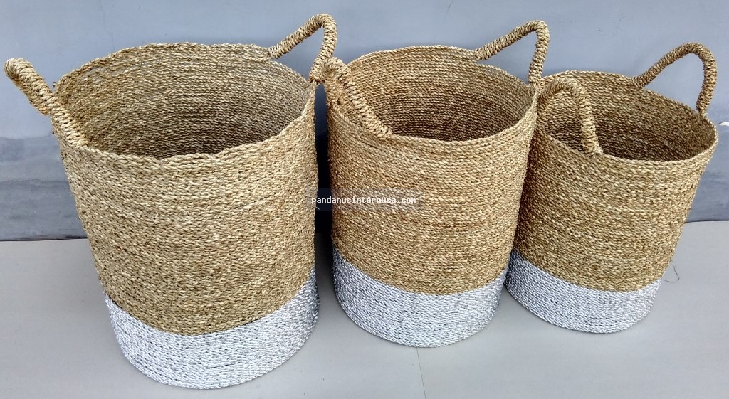 Seagrass round basket with silver stripe set of 3 handicraft