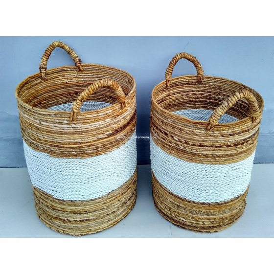 handicraft Banana bark white stripe round basket set of 2