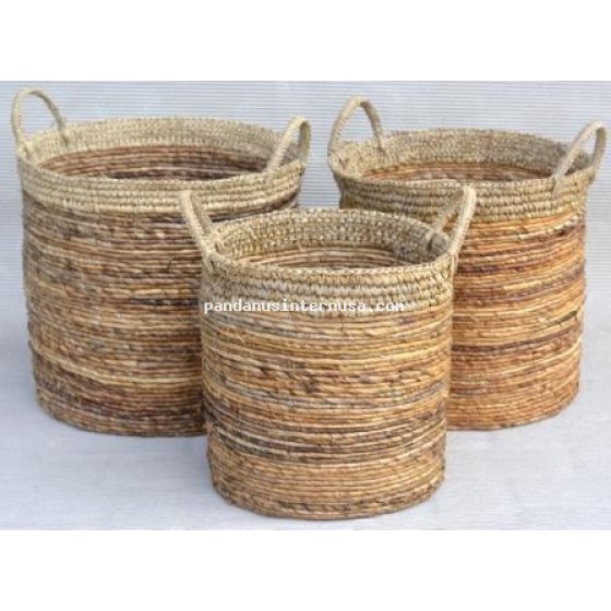 Banana round basket with raffia trim set of 3 handicraft