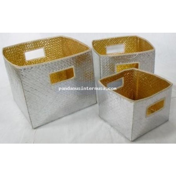 Pandanus metallic silver and gold basket set of 3 handicraft