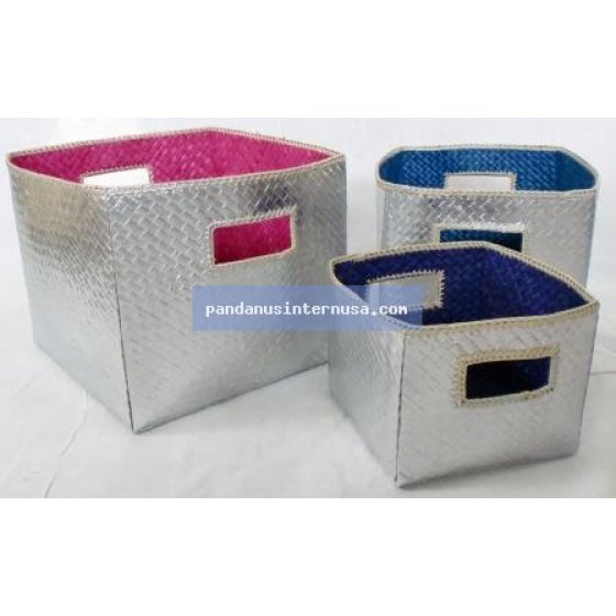 Pandanus metallic silver basket set of 3 handicraft