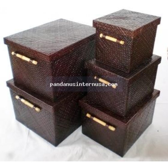 Pandanus rect storage box with bamboo handle s.5 handicraft