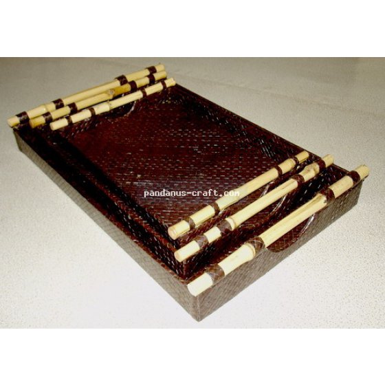 Pandanus Rectangle Tray w Bamboo Handle set of 3 handicraft