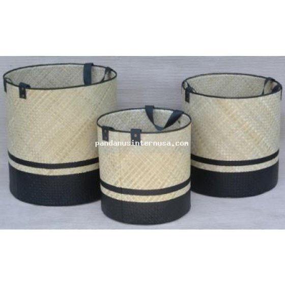 Pandanus round basket black stripe leather handicraft