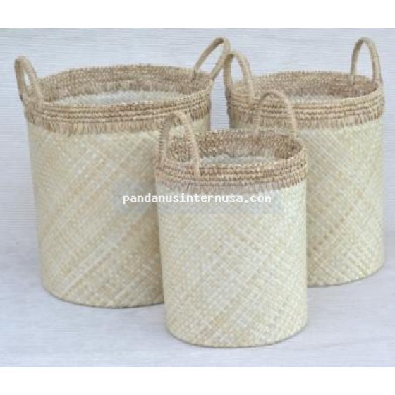 Pandanus round basket with gajih trim set of 3 handicraft