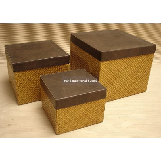 Pandanus Square Box with Vinyl Lid set of 3 handicraft
