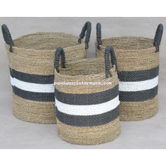 handicraft Sea grass striped basket set of 3 black white
