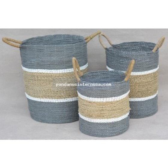 handicraft Sea grass striped basket set of 3 grey