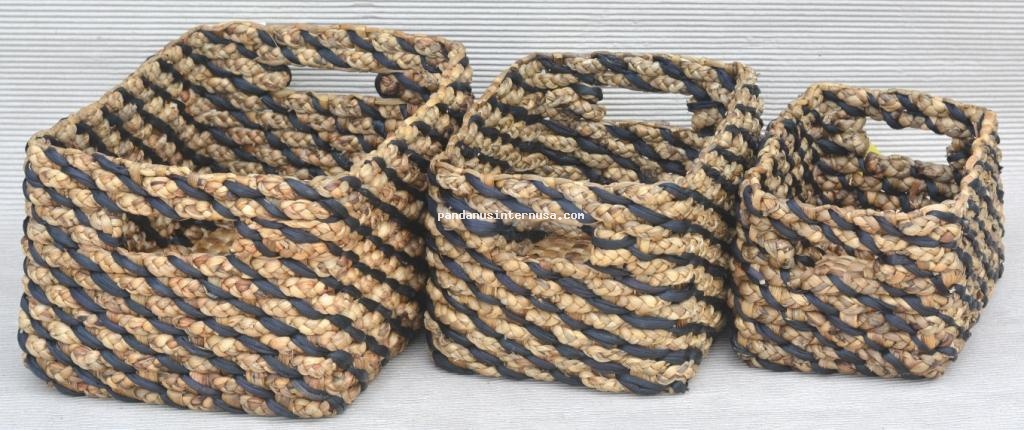 Waterhyacinth rect braided basket nat brwn set 3 handicraft